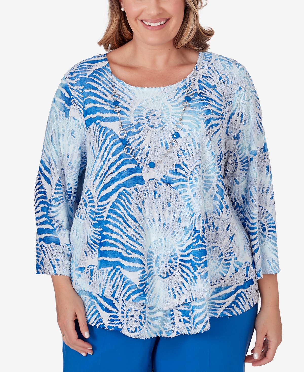 Shop Alfred Dunner Plus Size Neptune Beach Seashell Embellished Top With Necklace In Ocean Blue