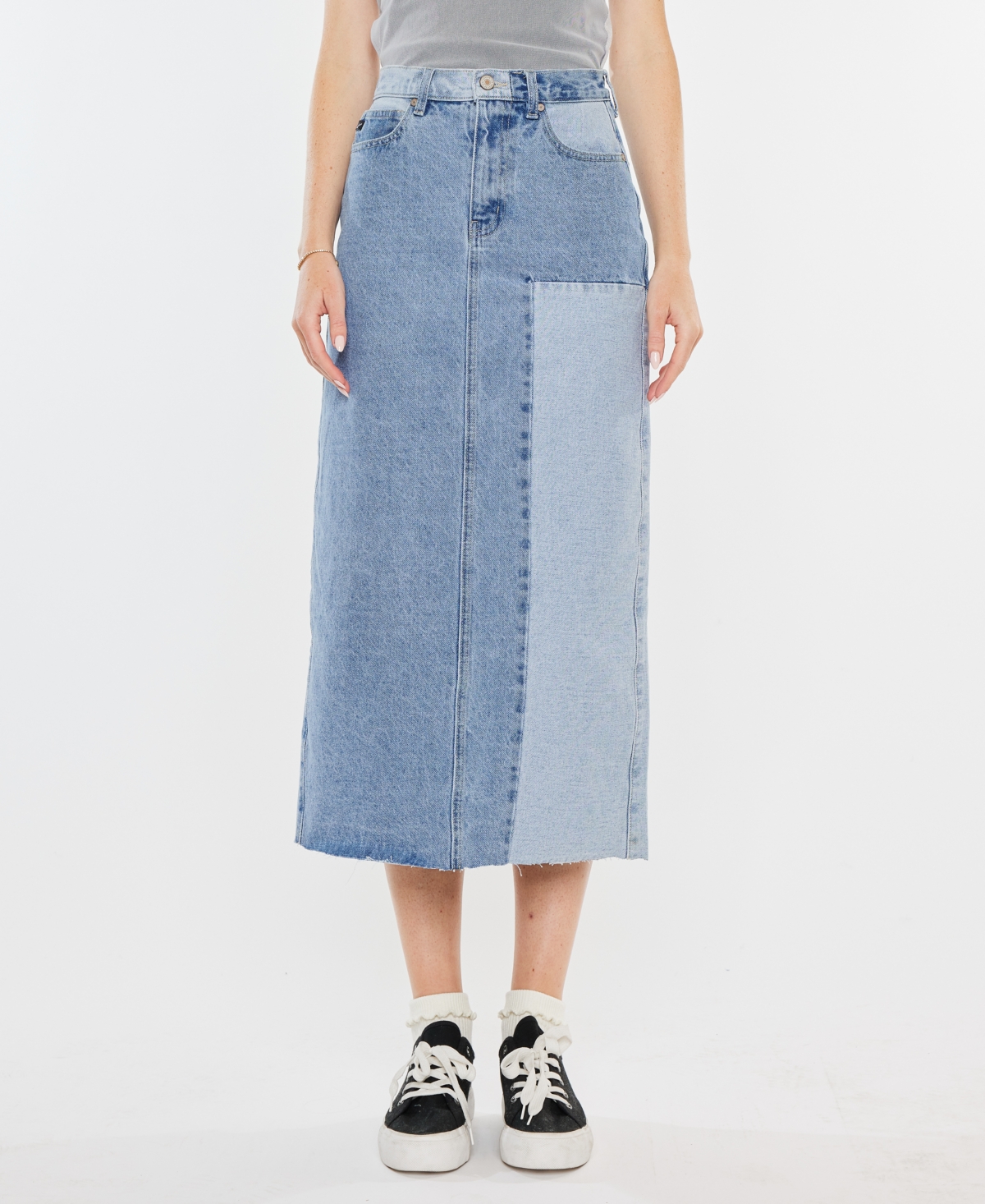 Women's Two-Toned Color Block Denim Midi Skirt - Light Denim