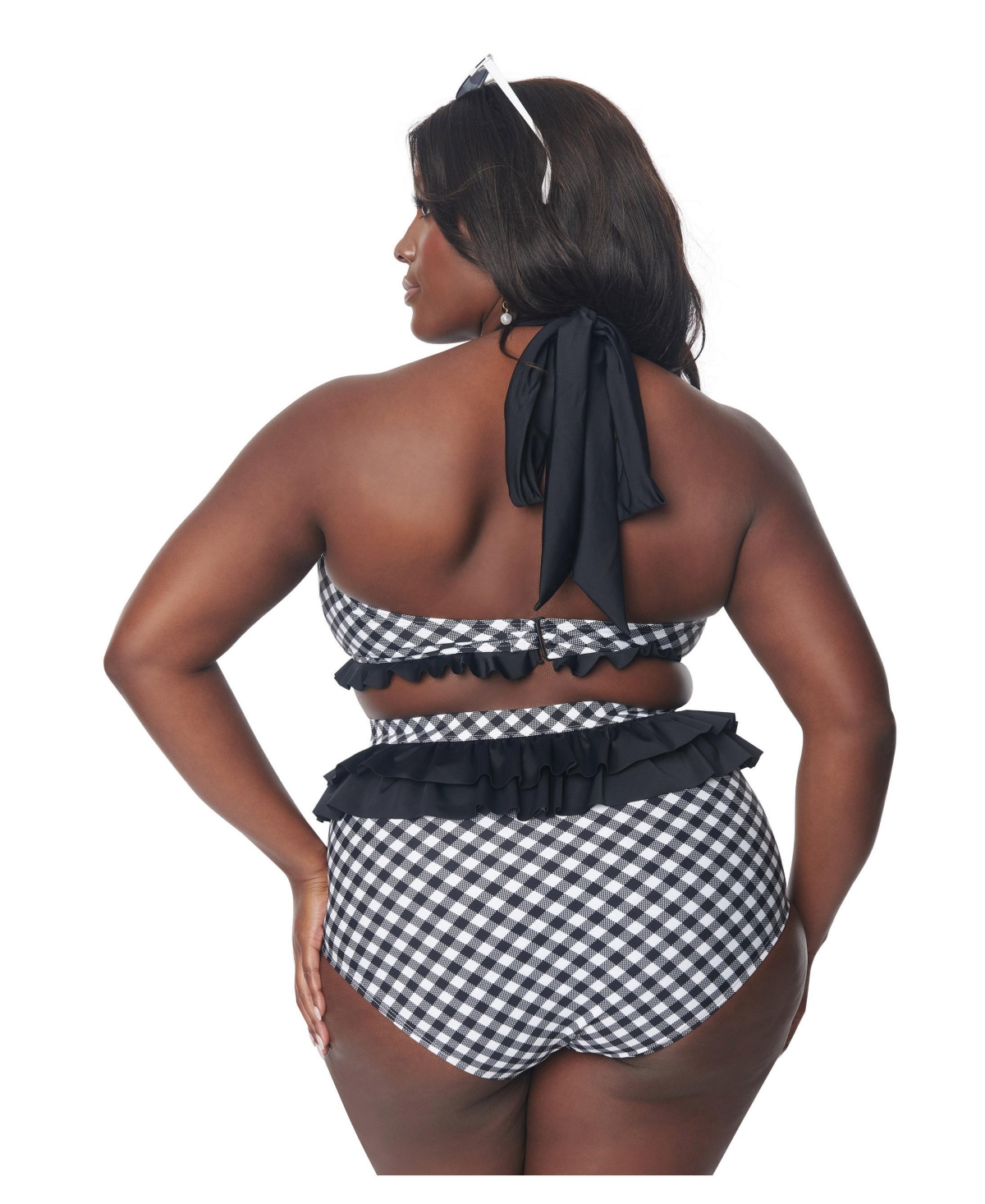 Plus Size High Waisted Ruffle Detail Swim Bottoms -white gingham