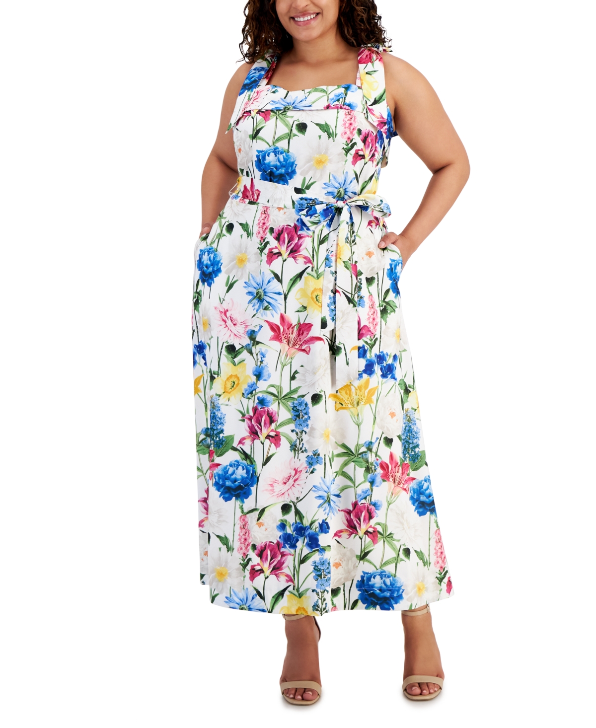Plus Size Floral Square-Neck Maxi Dress - Pearl White