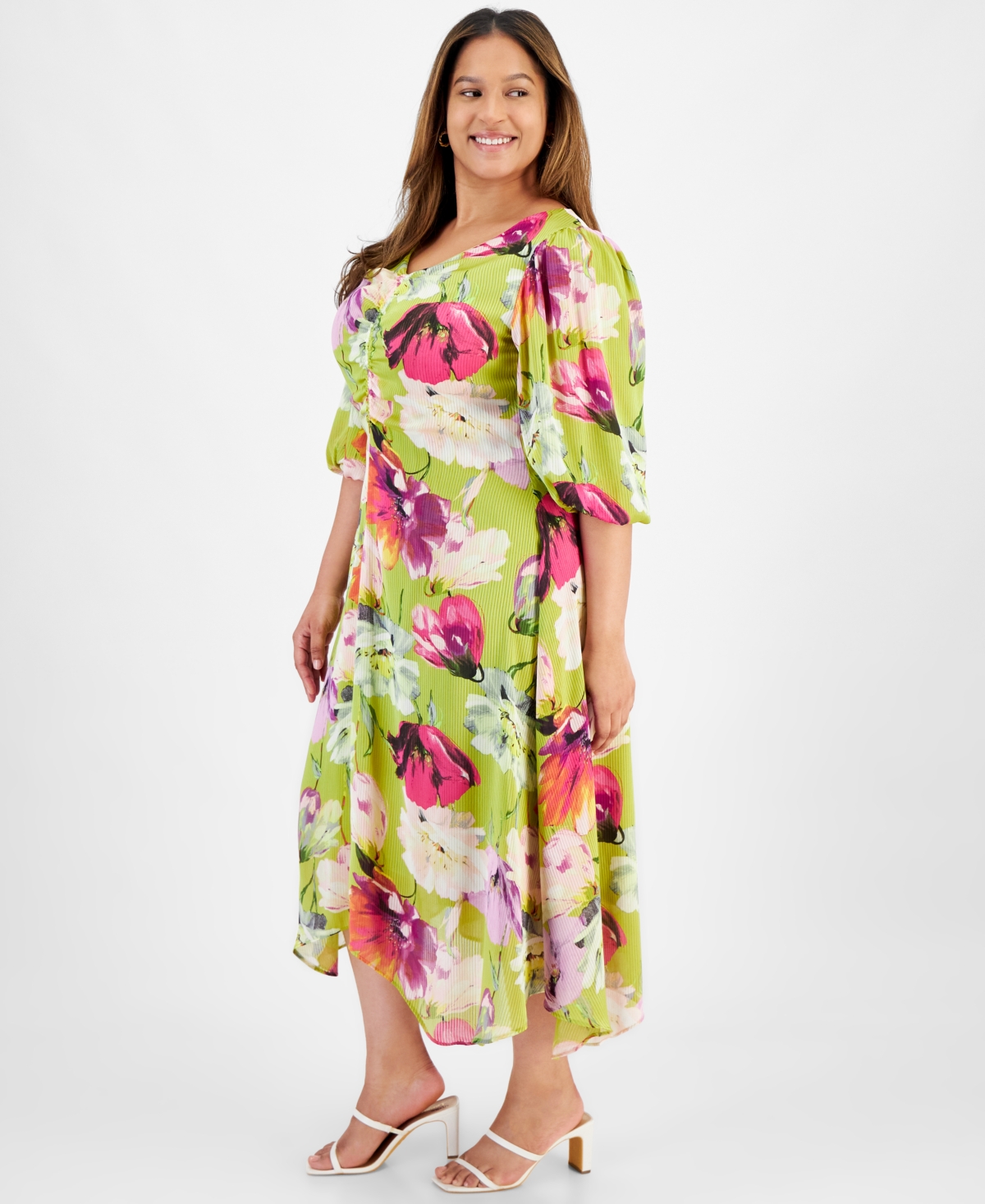 Shop Taylor Plus Size V-neck Satin A-line Midi Dress In Spring Green