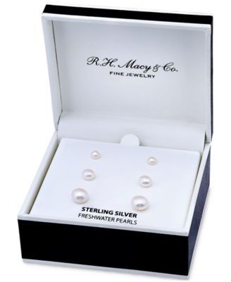 3-Pc. Set Cultured Freshwater Pearl (5, 7 & 9mm) Graduated Stud Earrings in Sterling Silver, Created for Macy's