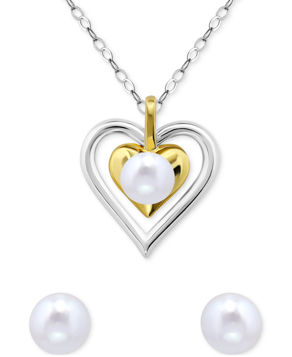Macy's 2-pc. Set Cultured Freshwater Pearl (6mm) Double Heart Pendant Necklace & Complementing Stud Earring In White