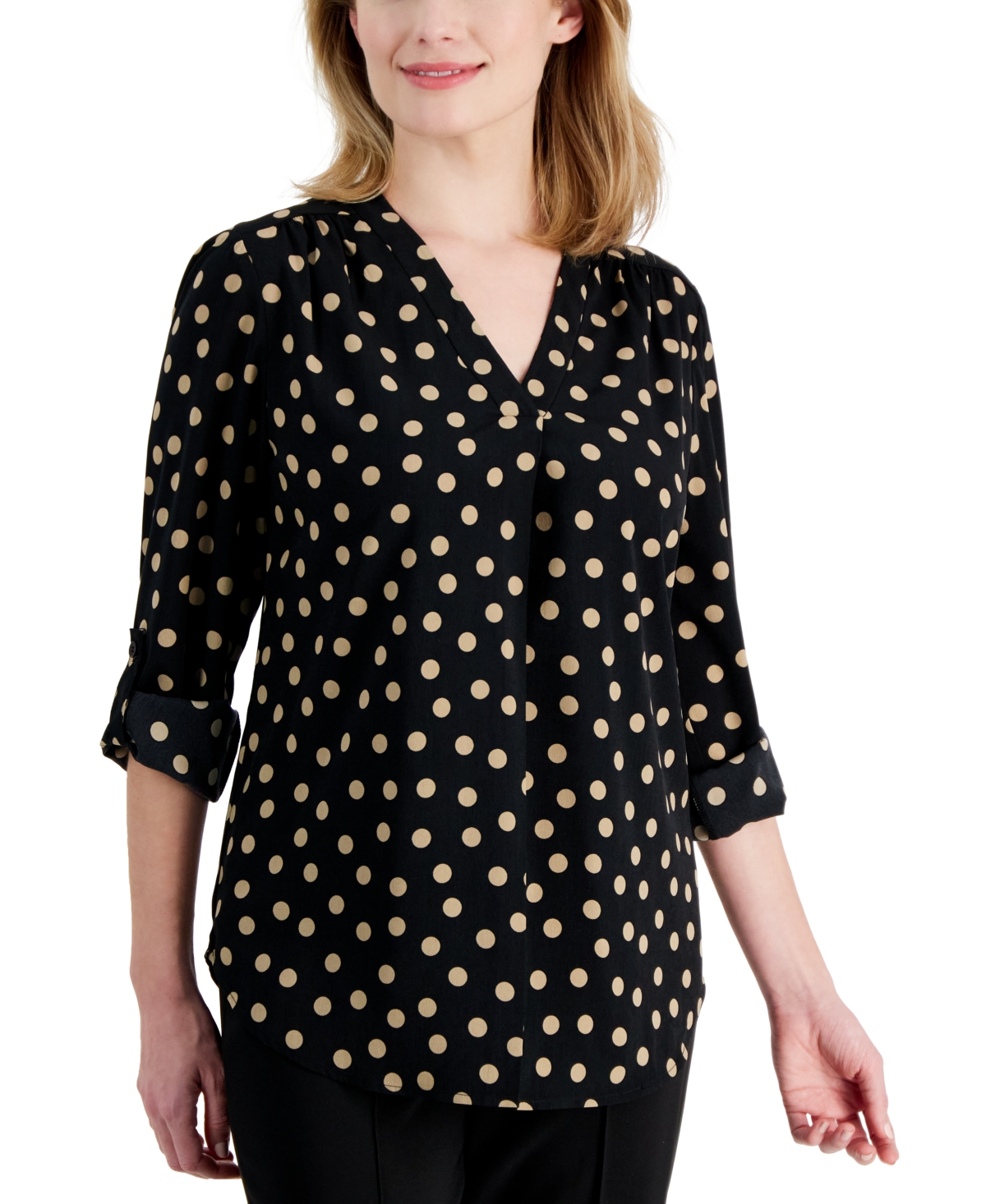 Ak Anne Klein Petite Polka-Dot Pleated Tunic -latte Dot