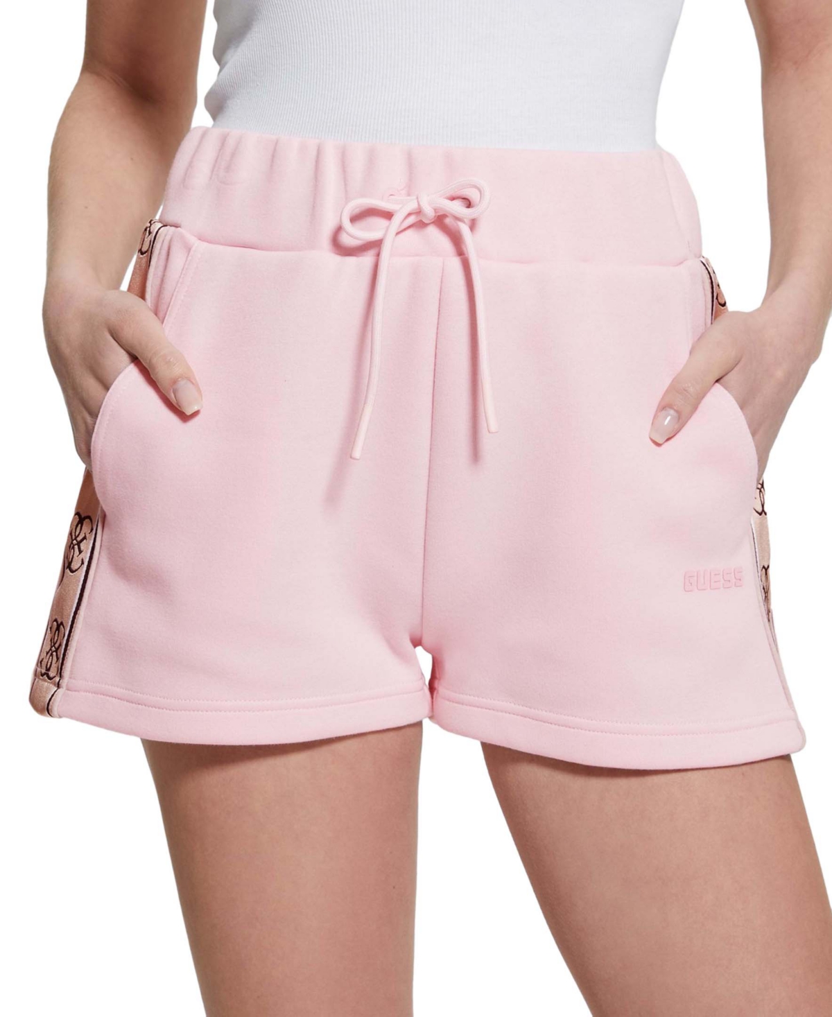 Guess Women's Britney High Rise Logo Stripe Drawstring Shorts In Pink Palm Tree