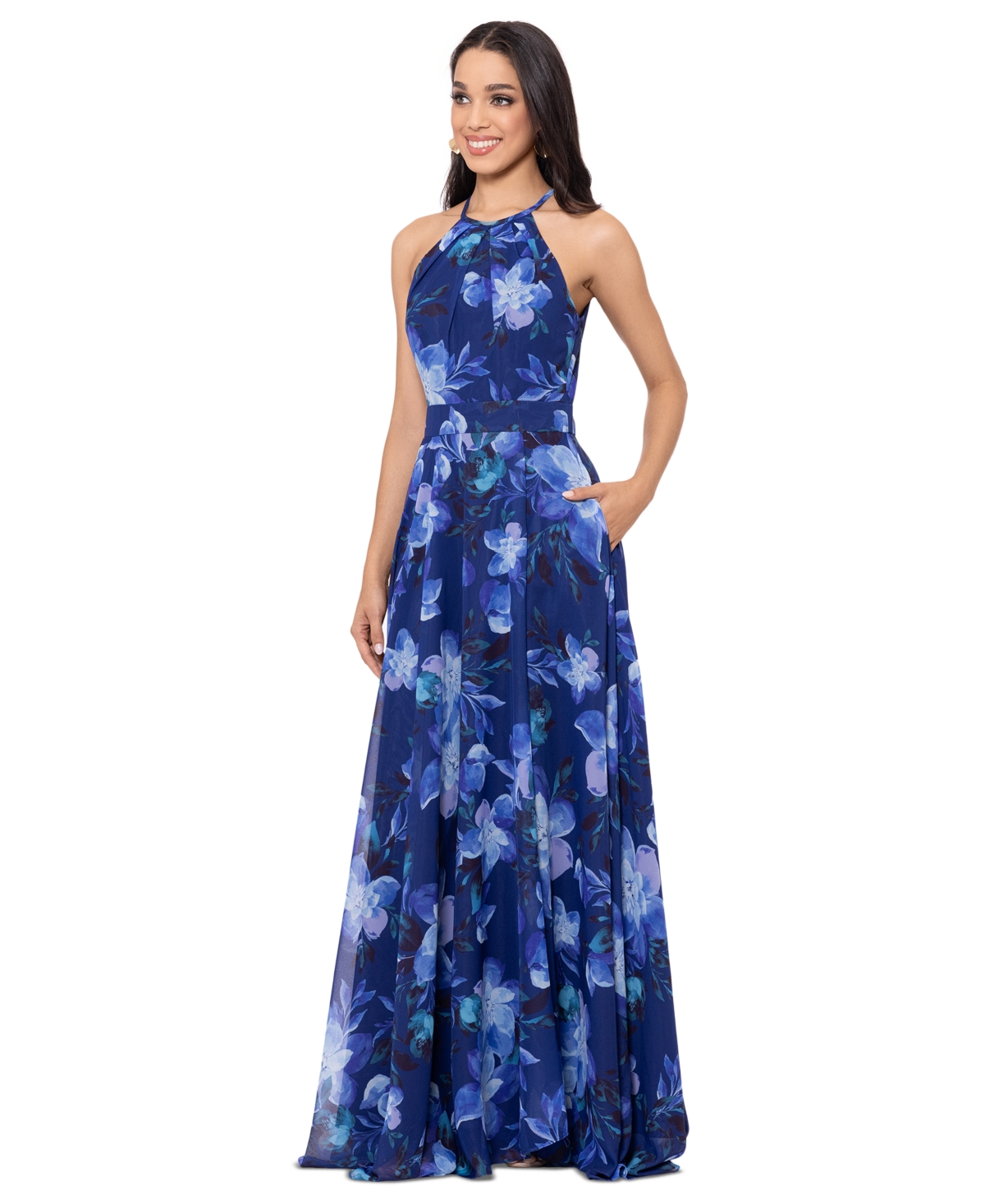 Shop Betsy & Adam Petite Floral-print Halter Gown In Blue Multi