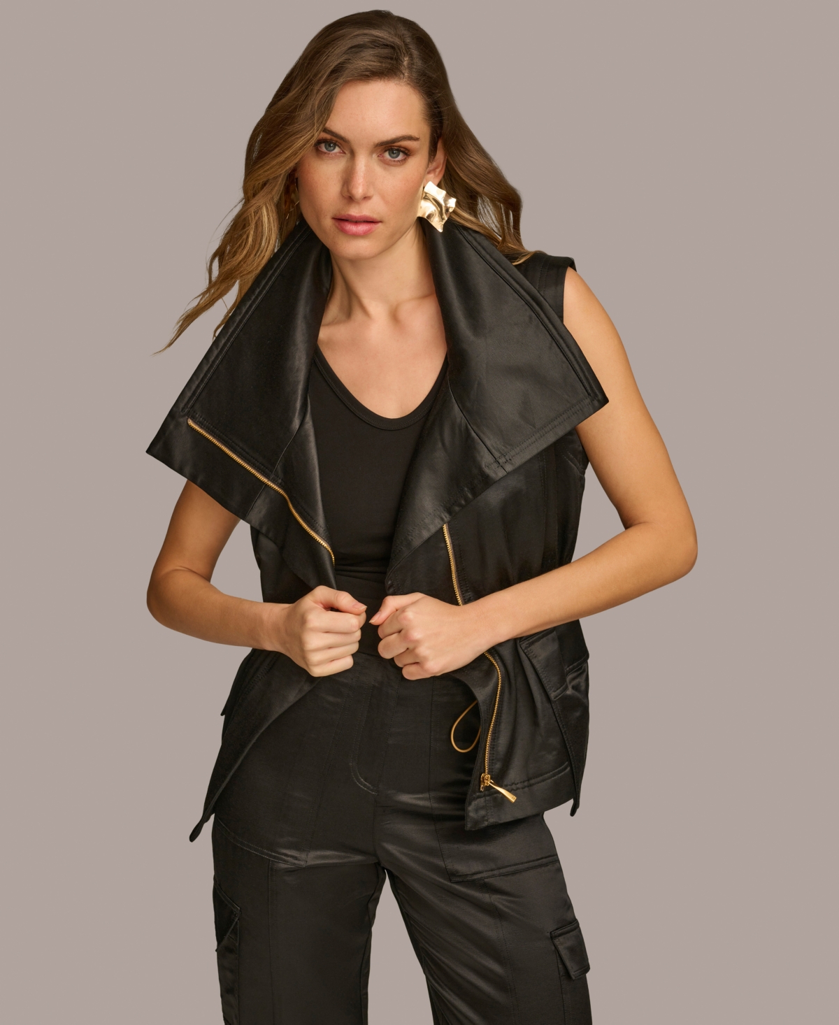 Donna Karan Women's Zip-front Satin Vest In Black