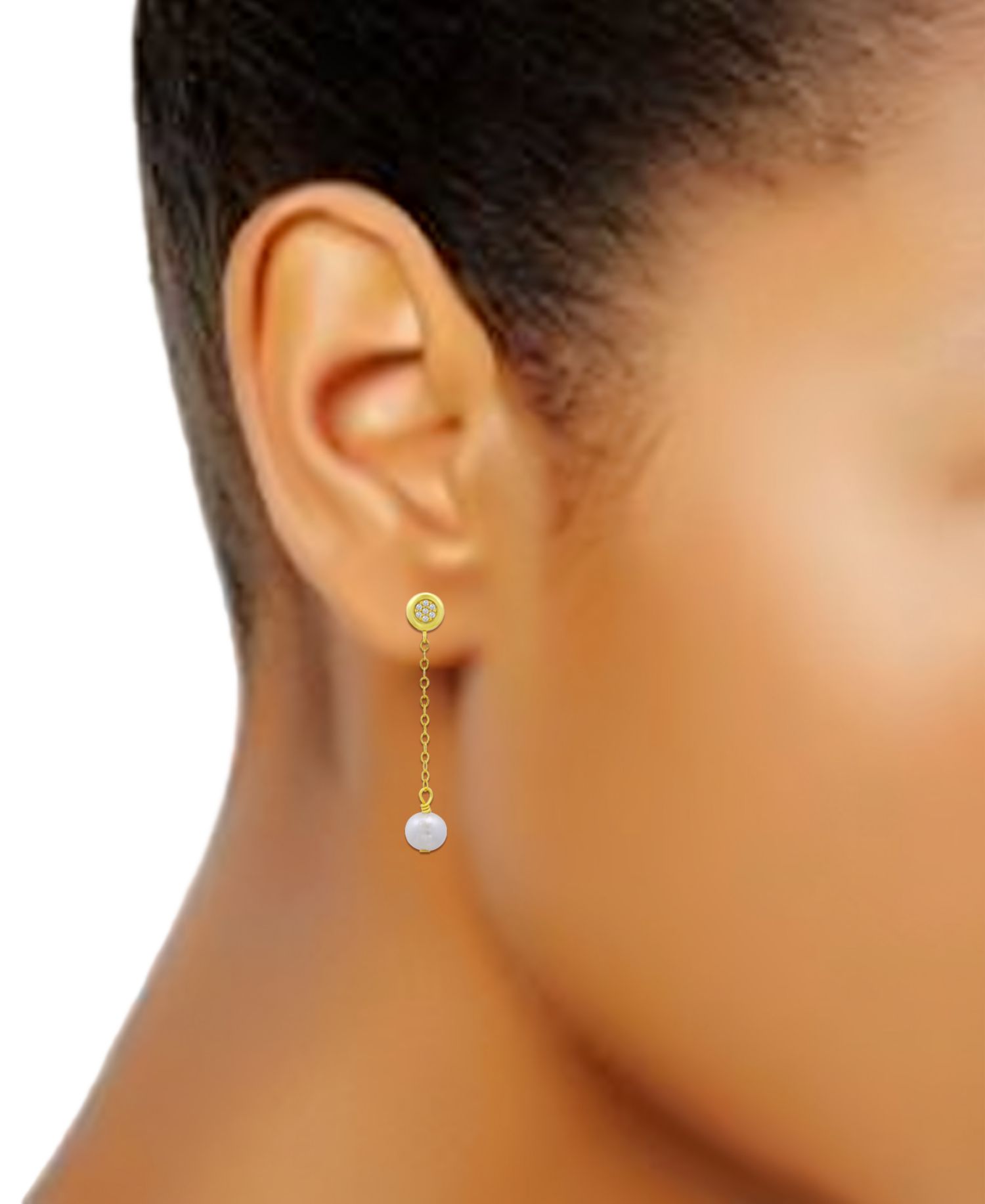 Cultured Freshwater Pearl (7mm) & Cubic Zirconia Chain Drop Earrings in 18k Gold-Plated Sterling Silver