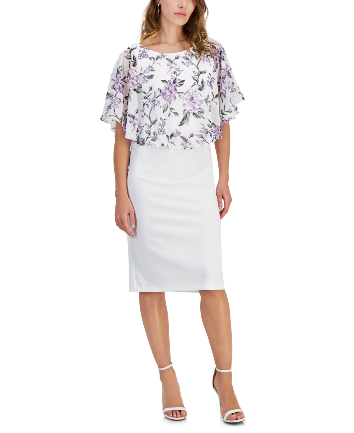 Shop Connected Women's Printed Chiffon Cape Overlay Midi Dress In Ivy,lavndr