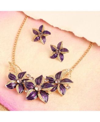 Women's Purple Enamel Flower Necklace And Earrings (Set Of 2)