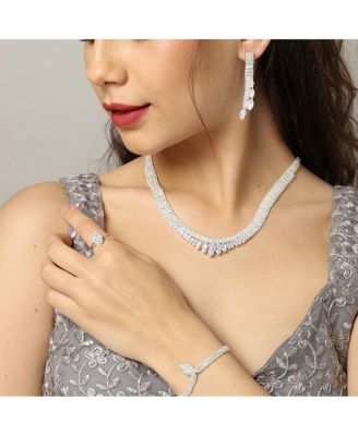 Women's Silver Bling Stone Necklace, Earrings, Bracelet And Ring (Set Of 4)