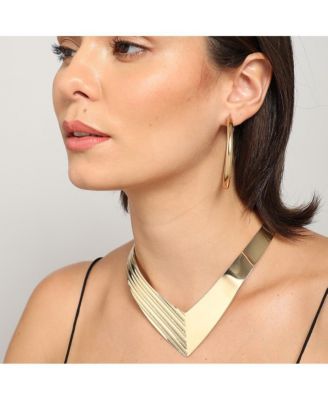 Women's Gold Minimal Metallic Necklace And Earrings (Set Of 2)