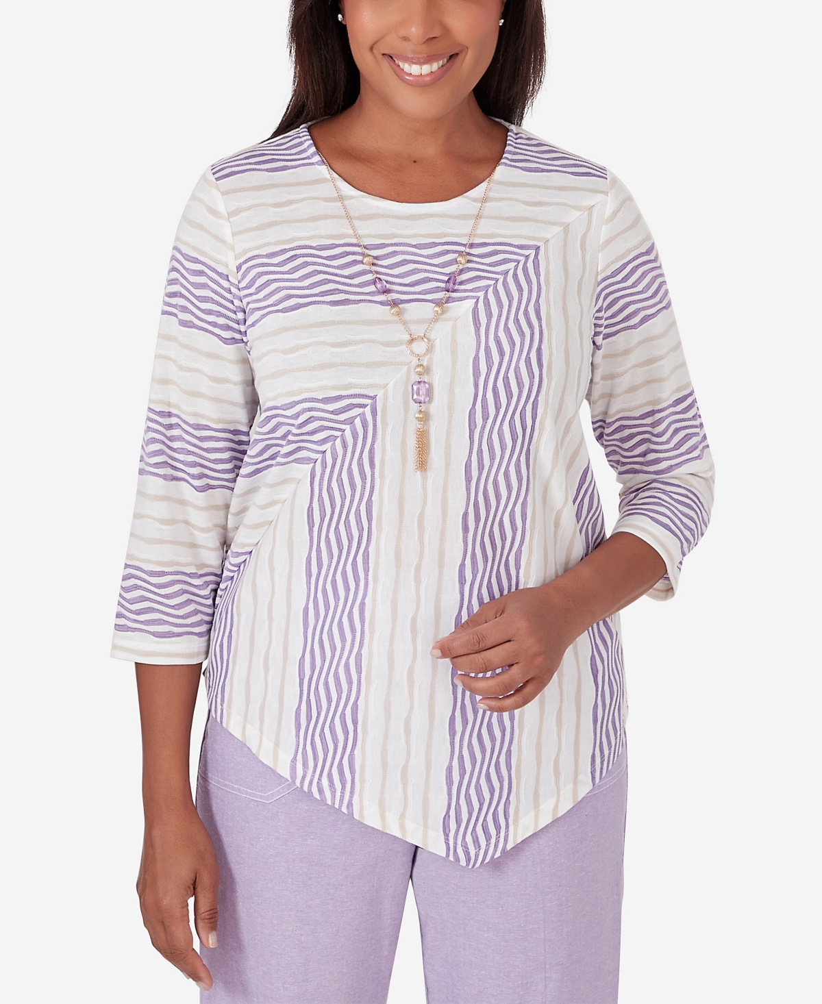 Shop Alfred Dunner Petite Garden Party Spliced Stripe Texture Necklace Top In Multi