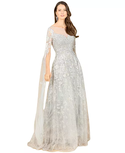 women's long bell sleeve boat-neck beaded gown