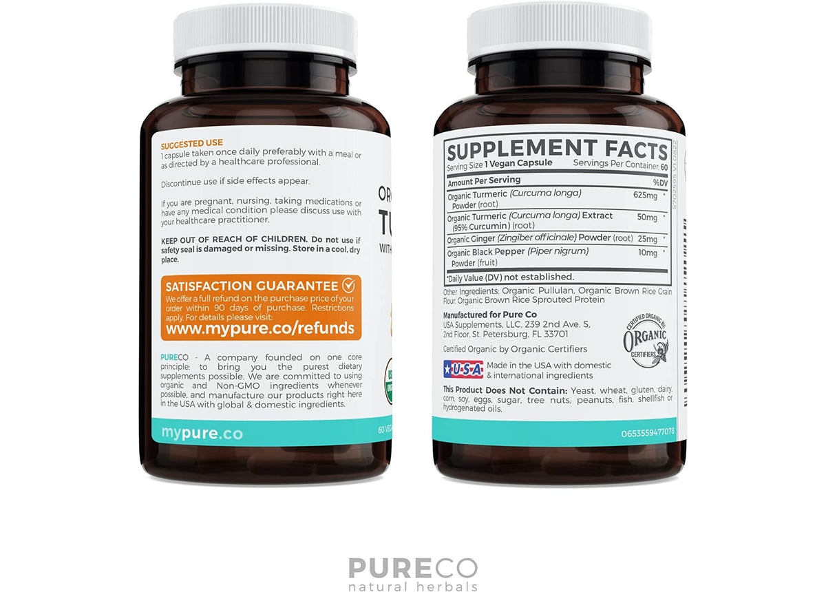 Pure Co Usda Turmeric Curcumin with Black Pepper and Ginger Natural Joint Support Supplement with Tumeric and Ginger Root Powder - 60 Capsules (No Pil
