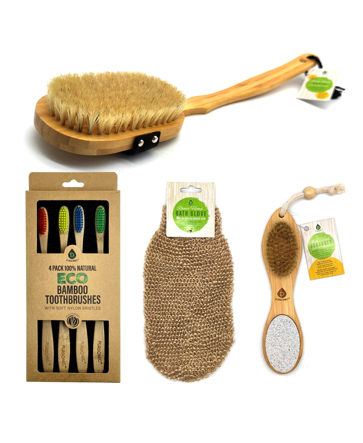 Eco-Friendly Bath and Oral Care Bundle: Bamboo Toothbrushes, Long Bath Brush, Sisal Gloves, and Callus-Removing 3-Sided Brush - Natural bambo
