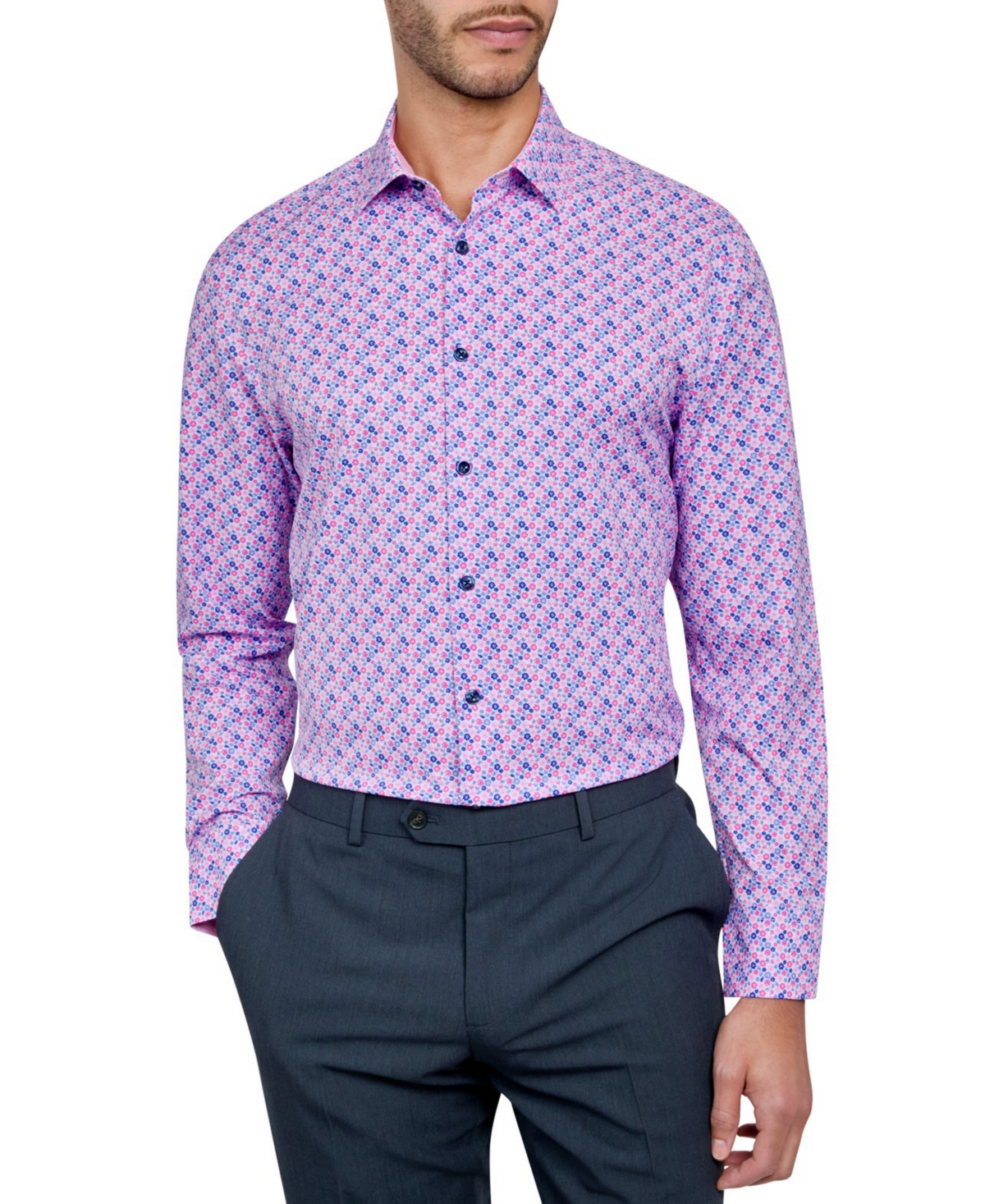 Men's Recycled Slim Fit Floral Performance Stretch Cooling Comfort Dress Shirt - Pink
