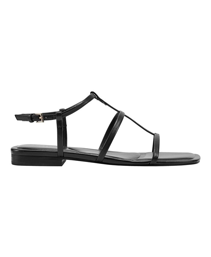 MARC FISHER Womens Black Strappy Studded Zig Square Toe Wedge Buckle Heeled M