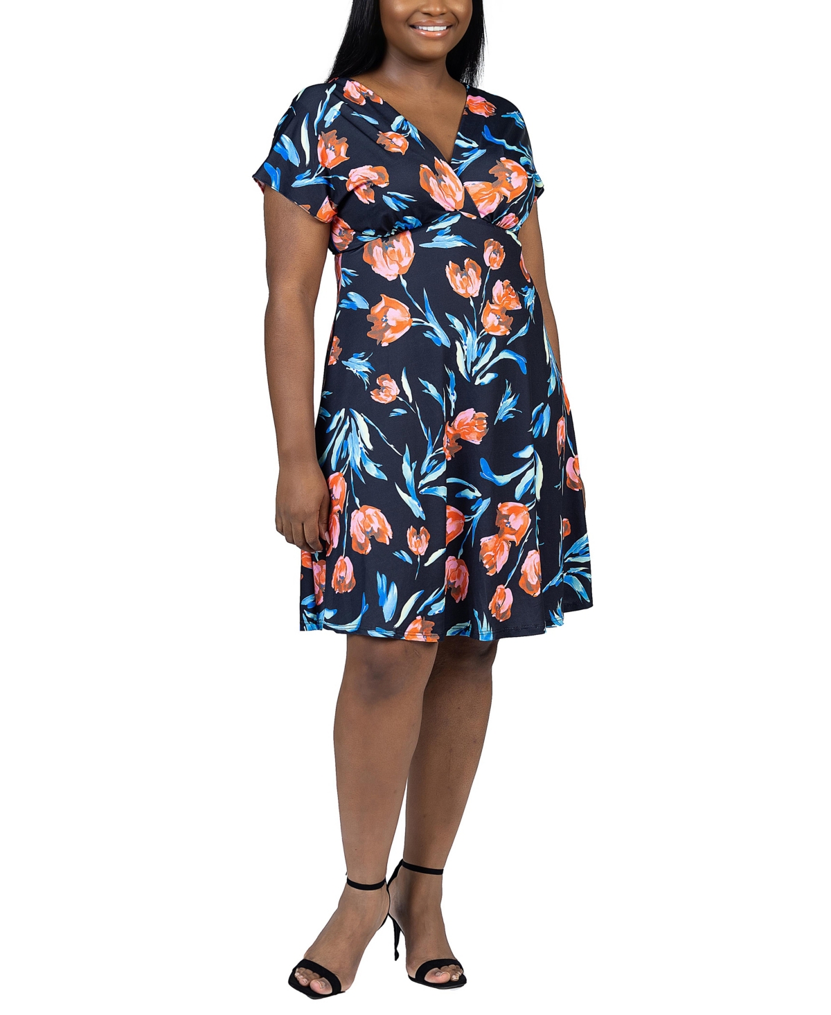 24seven Comfort Apparel Plus Size V Neck Empire Waist Knee Length Dress