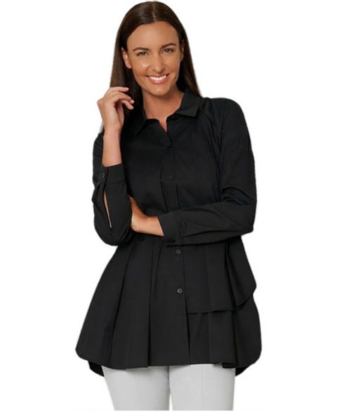 Женская рубашка Stella Carakasi Asymmetrical Tier Collared Button-Front Shirt Top Sensation Tunic, цвет: Чёрный