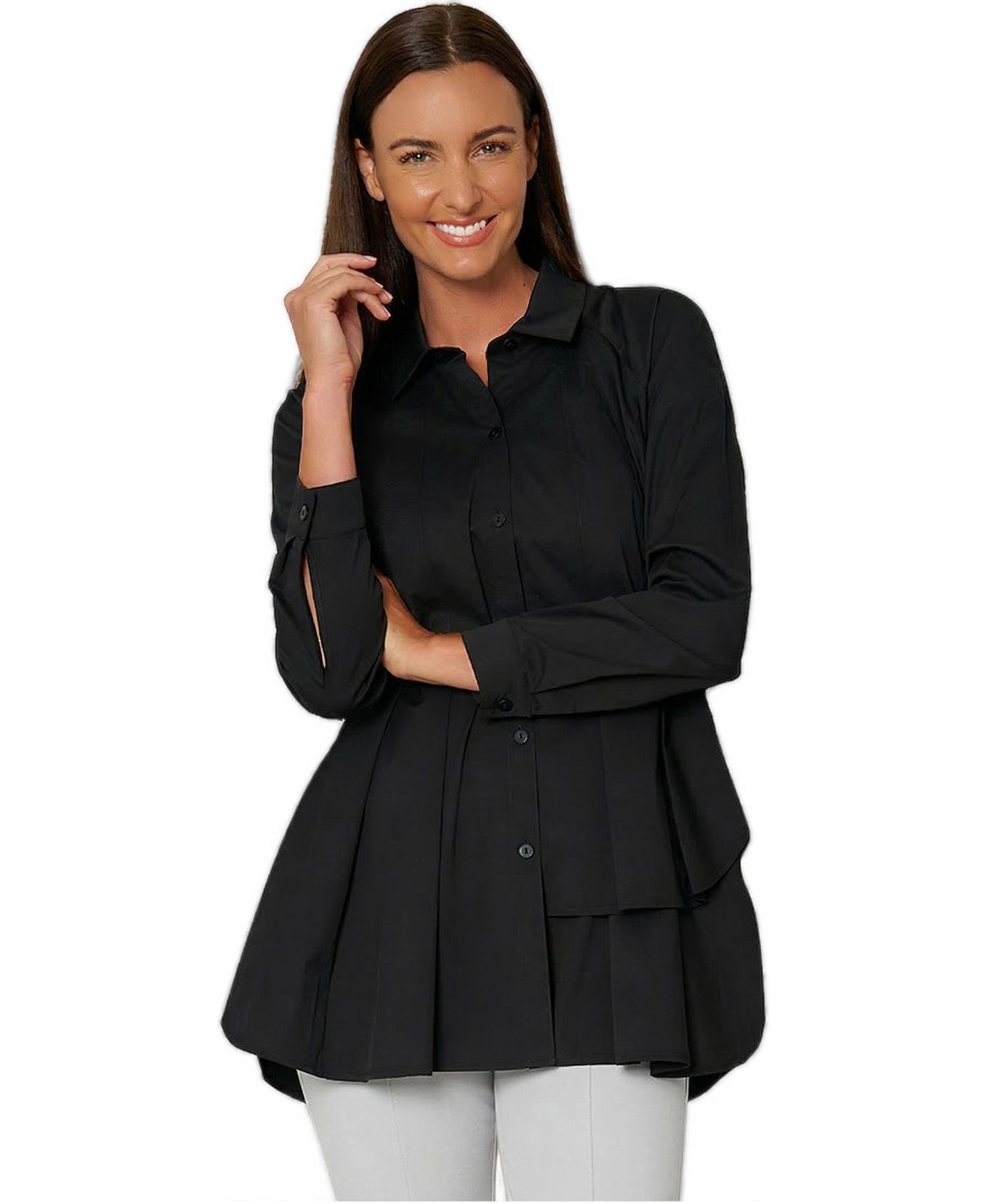 Women's Asymmetrical Tier Collared Button-Front Shirt Top Sensation Tunic