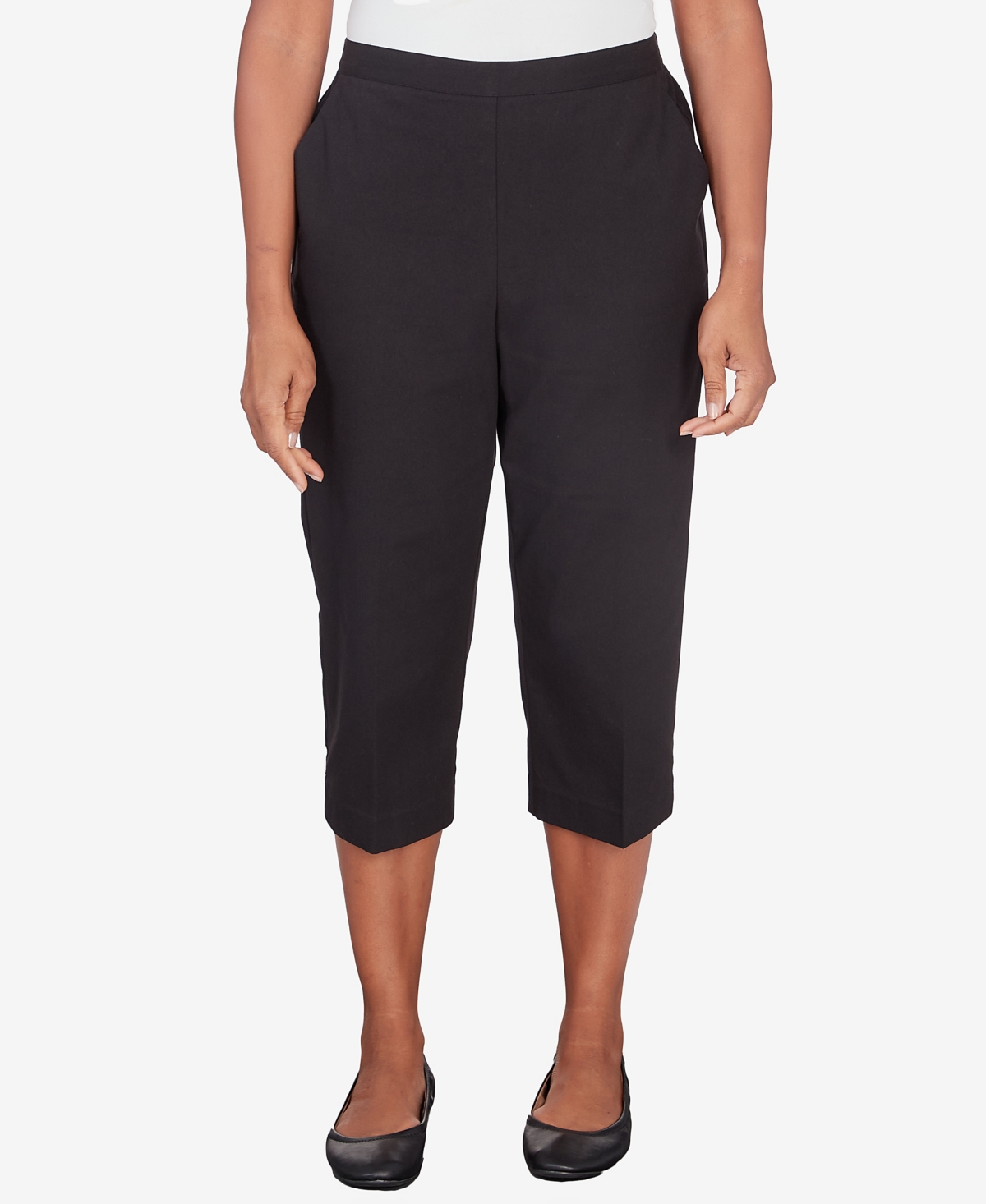 Shop Alfred Dunner Women's Classic Neutrals Pull On Button Hem Twill Capri Pants In Black