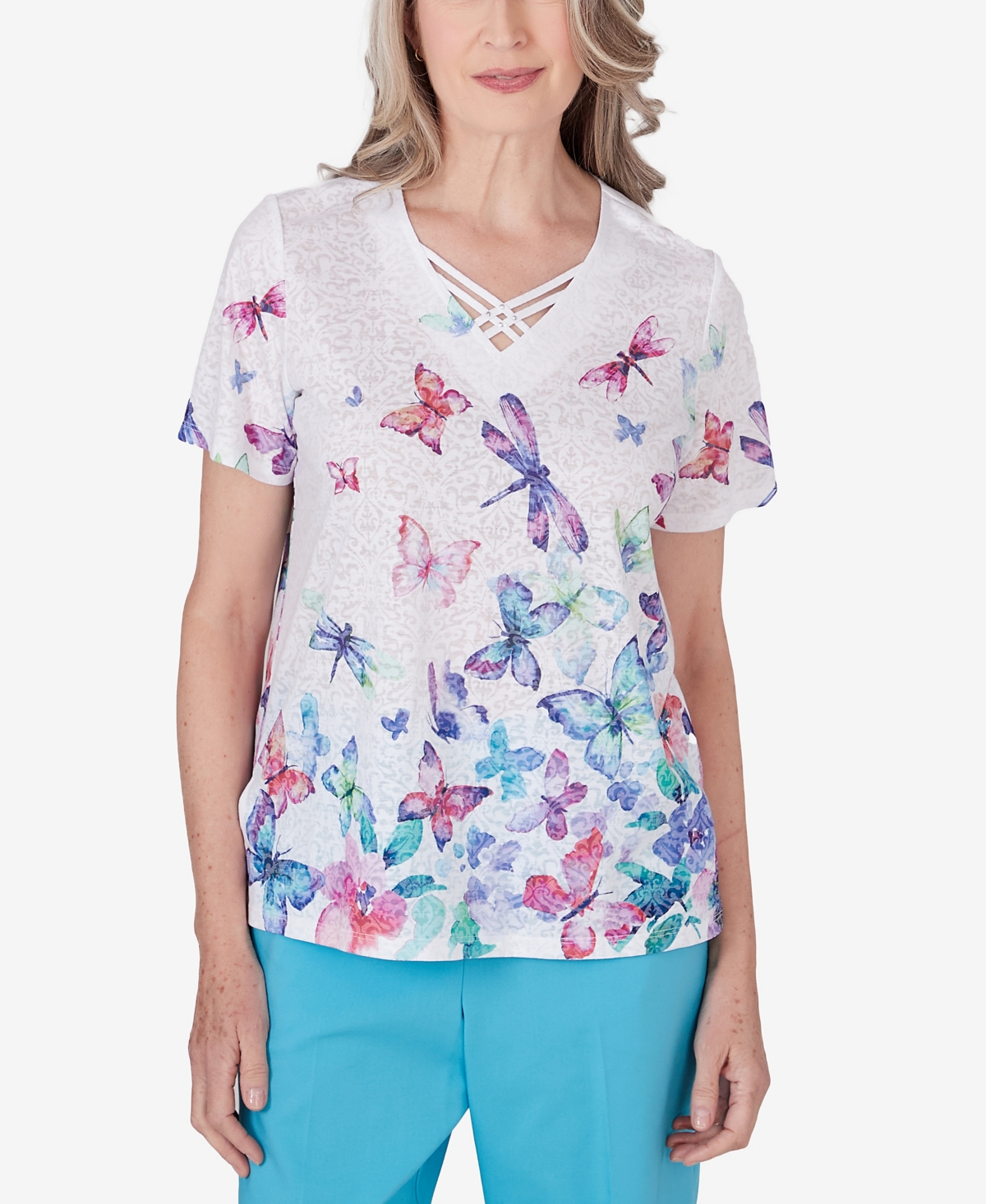 Alfred Dunner Women's Summer Breeze Butterfly Border Shirt Sleeve Top In Multi