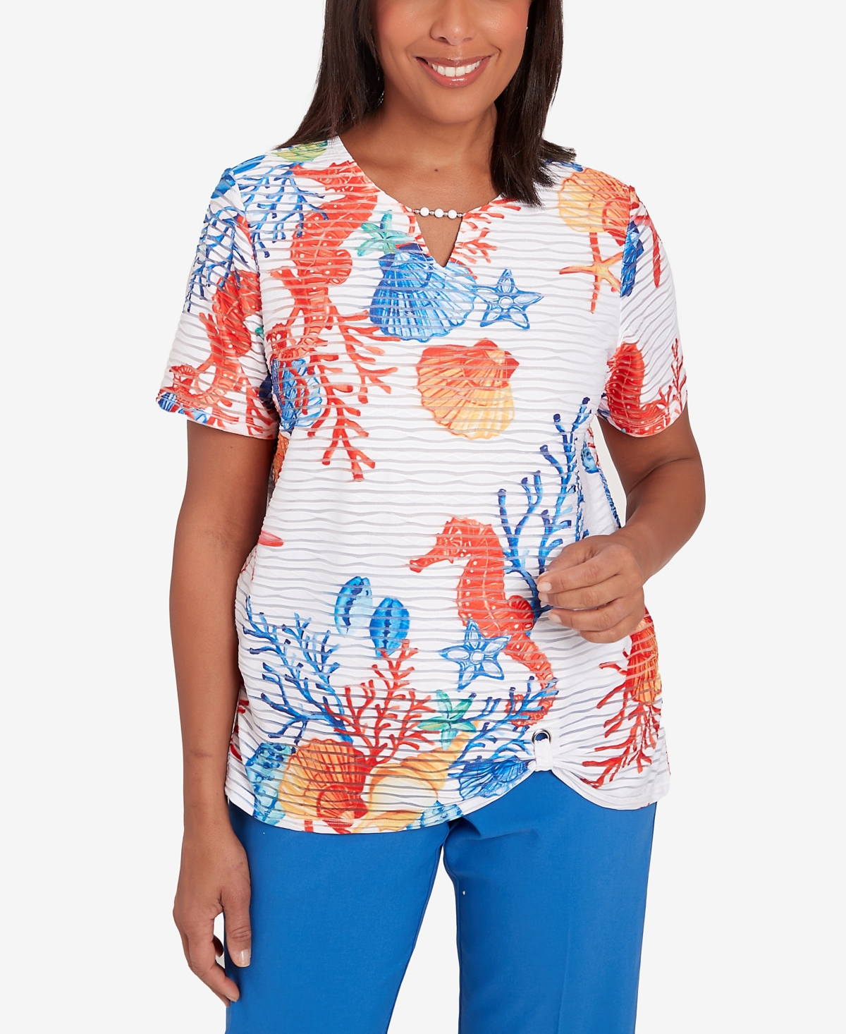 Shop Alfred Dunner Petite Neptune Beach Seahorse Textured Short Sleeve Top In Multi