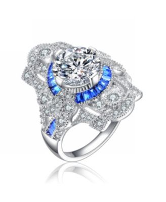 Sterling Silver White Gold Plated with Colorful Baguette Cubic Zirconia Cocktail Ring - Blue 80$