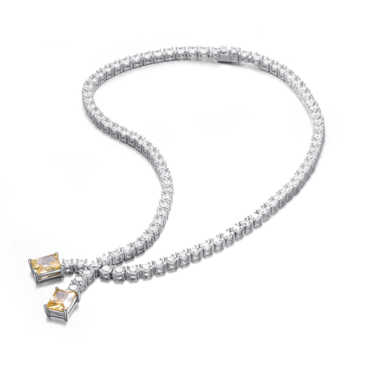 Sterling Silver White Gold Plated with Two-Stone Tennis Chain Collar Necklace - Yellow