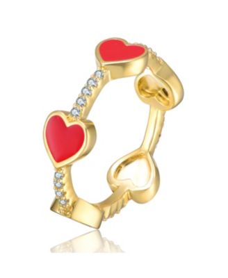 Girls/Teens Sterling Silver 14K Gold Plated with Cubic Zirconia Colored Enamel Heart Stacking Ring