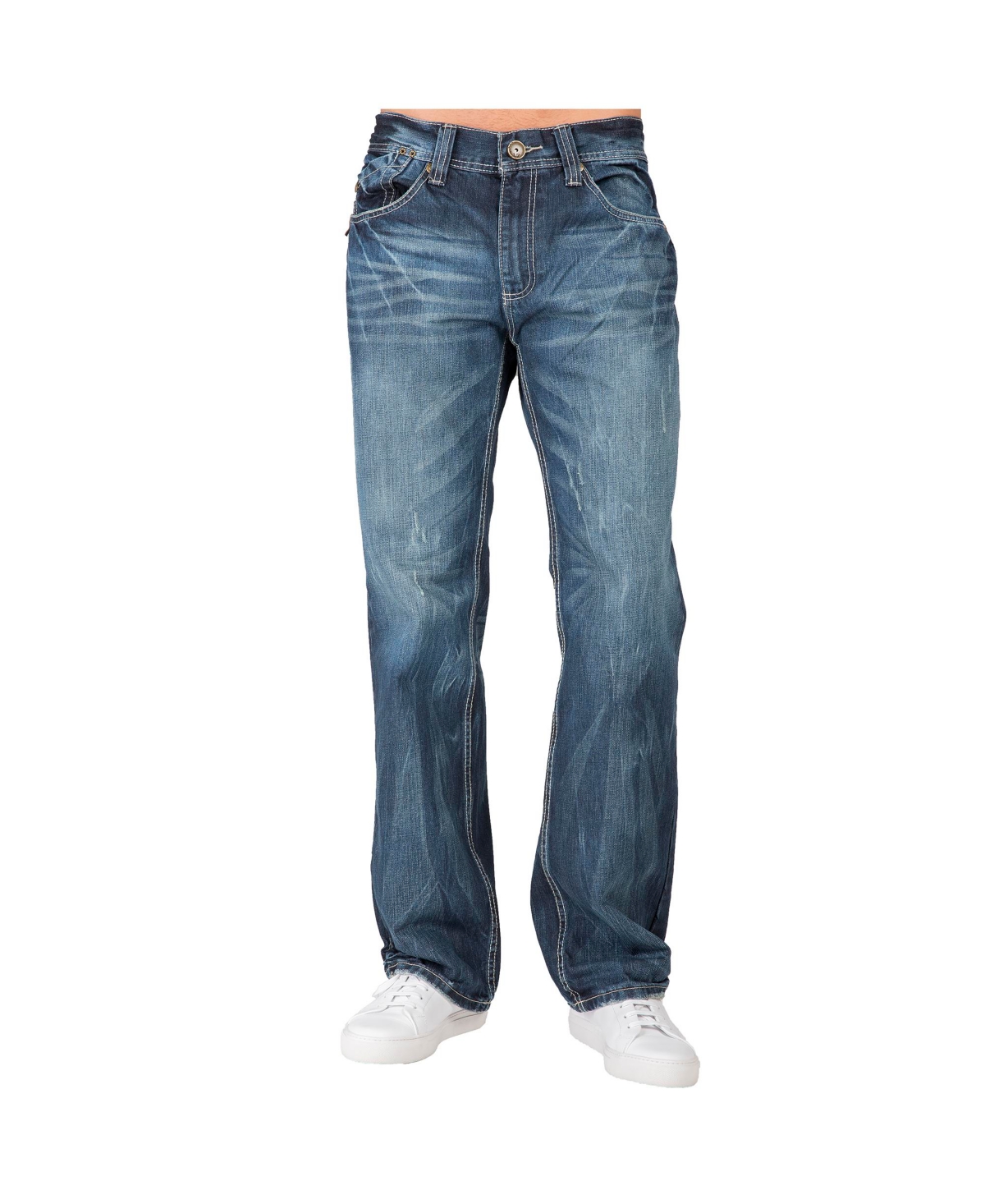 Men's Relaxed Straight Handcrafted Wash Premium Denim Signature Jeans - Medium blue paint