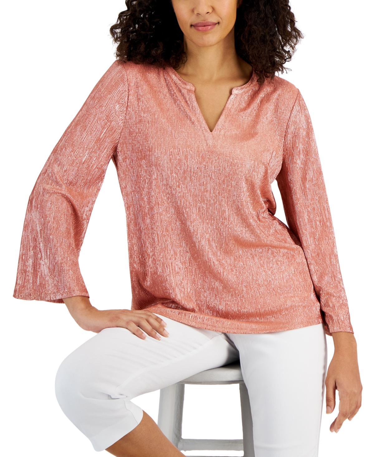 Jm Collection Petite Pleated Metallic Shine V-neck Top, Created For Macy's In Burnt Brick Combo