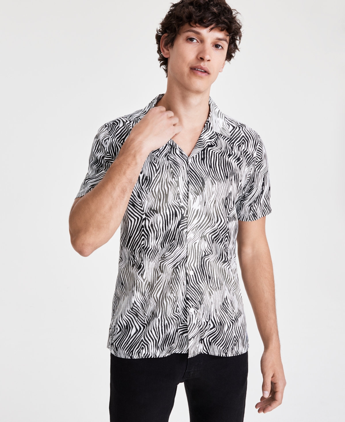 Men's Max Zebra Stripe Short-Sleeve Camp Shirt, Created for Macy's - Basic Navy