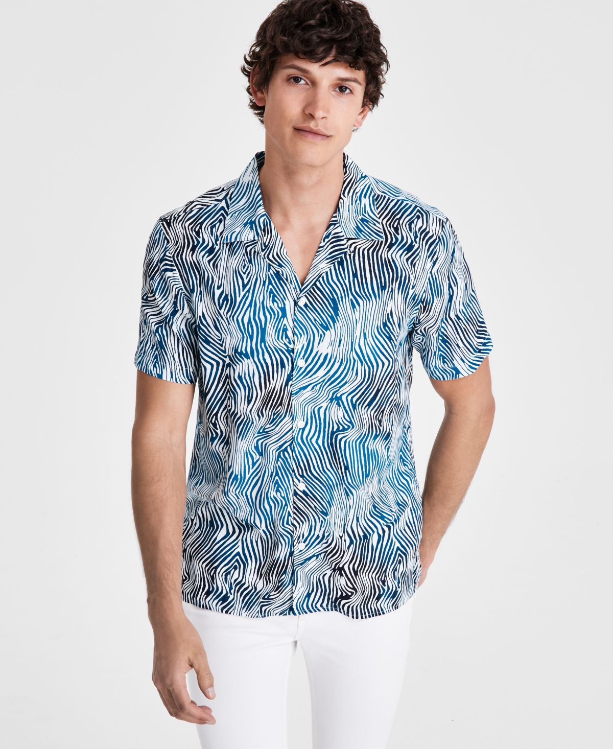 Shop Inc International Concepts Men's Max Zebra Stripe Short-sleeve Camp Shirt, Created For Macy's In Basic Navy
