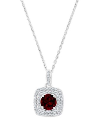 Amethyst & Lab-Grown White Sapphire Square Halo Birthstone Pendant Necklace in Sterling Silver, 16" + 2" extender 