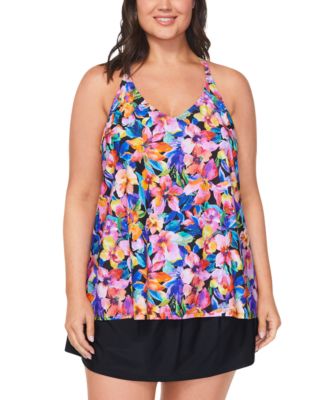 Shop Island Escape Plus Size Floral Print Tankini Top Tummy Control Swim Skirt Created For Macys In Black