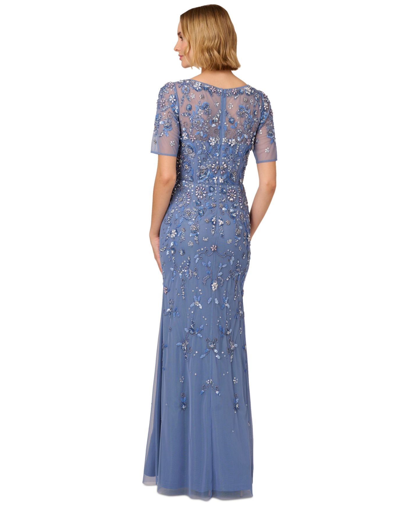 Женские платья Adrianna Papell V-Neck Beaded Short-Sleeve Mesh Gown, цвет: Biscotti — фото 7