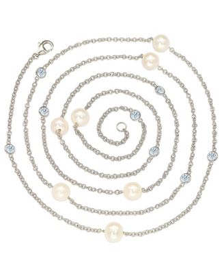 Suzy Levian Sterling Silver Pearl and Cubic Zirconia Station Necklace