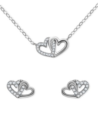 2-Pc. Set Cubic Zirconia Double Heart Pendant Necklace & Matching Stud Earrings in 18k Gold-Plated Sterling Silver, Created for Macy's