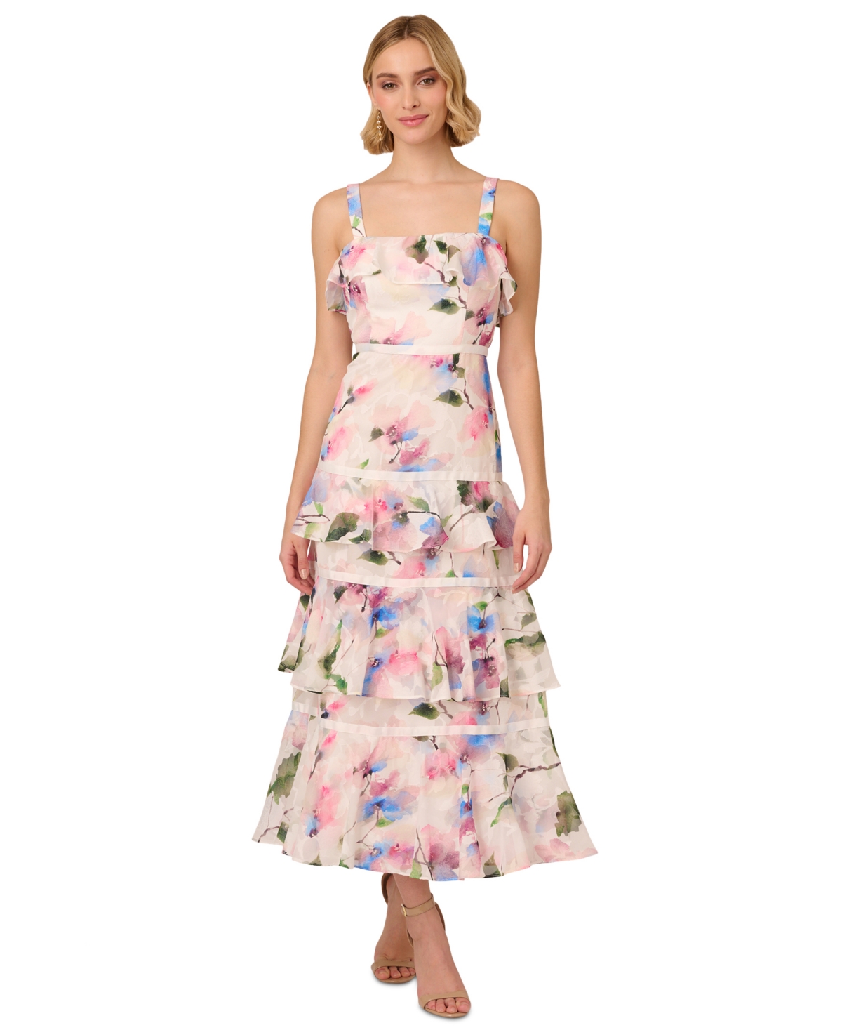 Women's Printed Straight-Neck Tiered Chiffon Dress - Ivory Pink