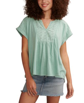Lucky Brand - Women's Eyelet-Trim Split-Neck T-Shirt