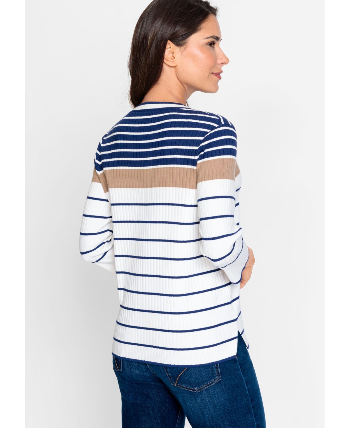 Olsen Women's 3/4 Sleeve Striped V-Neck Pullover