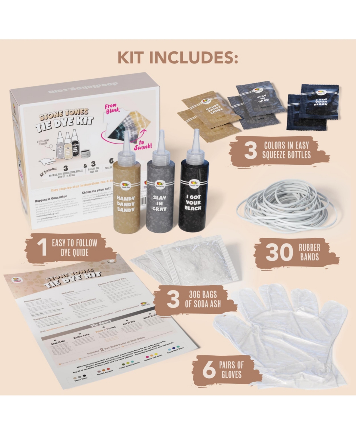 Doodle Hog Neutral Black Tie Dye Kit Including Tan & Charcoal Grey Dye - 3 Pack Black Tie Dye Kit with 6 Refills Soda Ash Included Gray Tie Dye Suppli