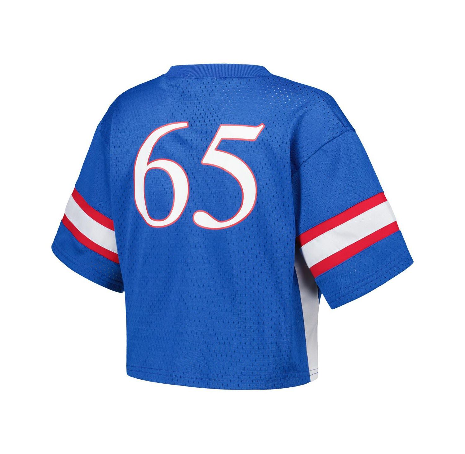 Women's #65 Royal Kansas Jayhawks Fashion Boxy Cropped Football Jersey