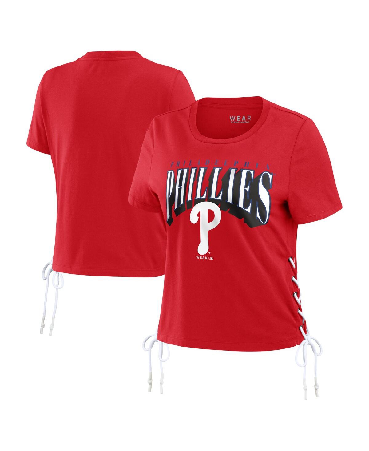 Shop Wear By Erin Andrews Women's  Red Philadelphia Phillies Side Lace-up Cropped T-shirt