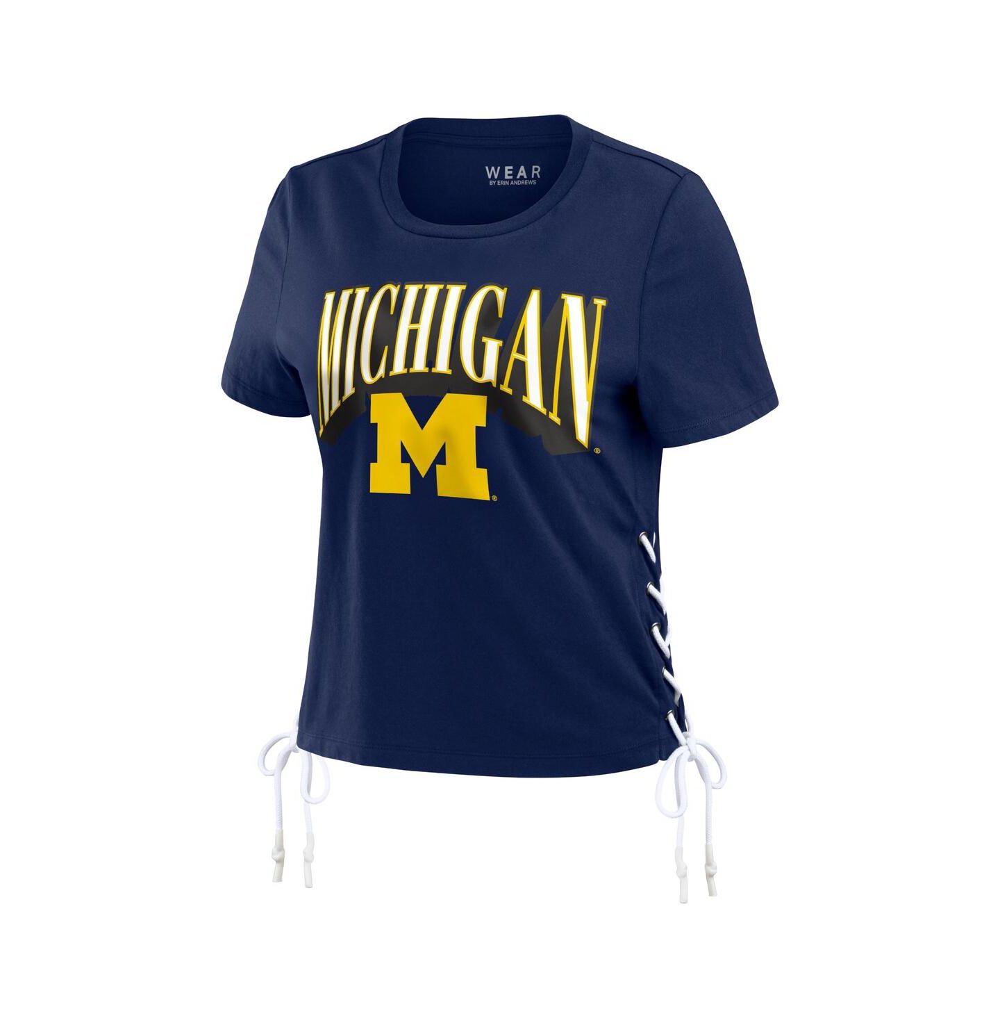 Женская футболка WEAR by Erin Andrews Navy Michigan Wolverines Side Lace-Up Modest Crop — фото 3