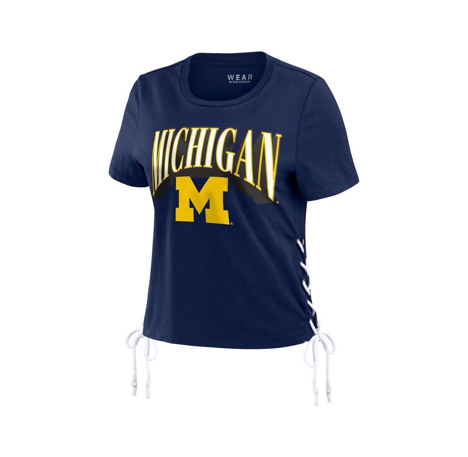 Women's Navy Michigan Wolverines Side Lace-Up Modest Crop T-shirt