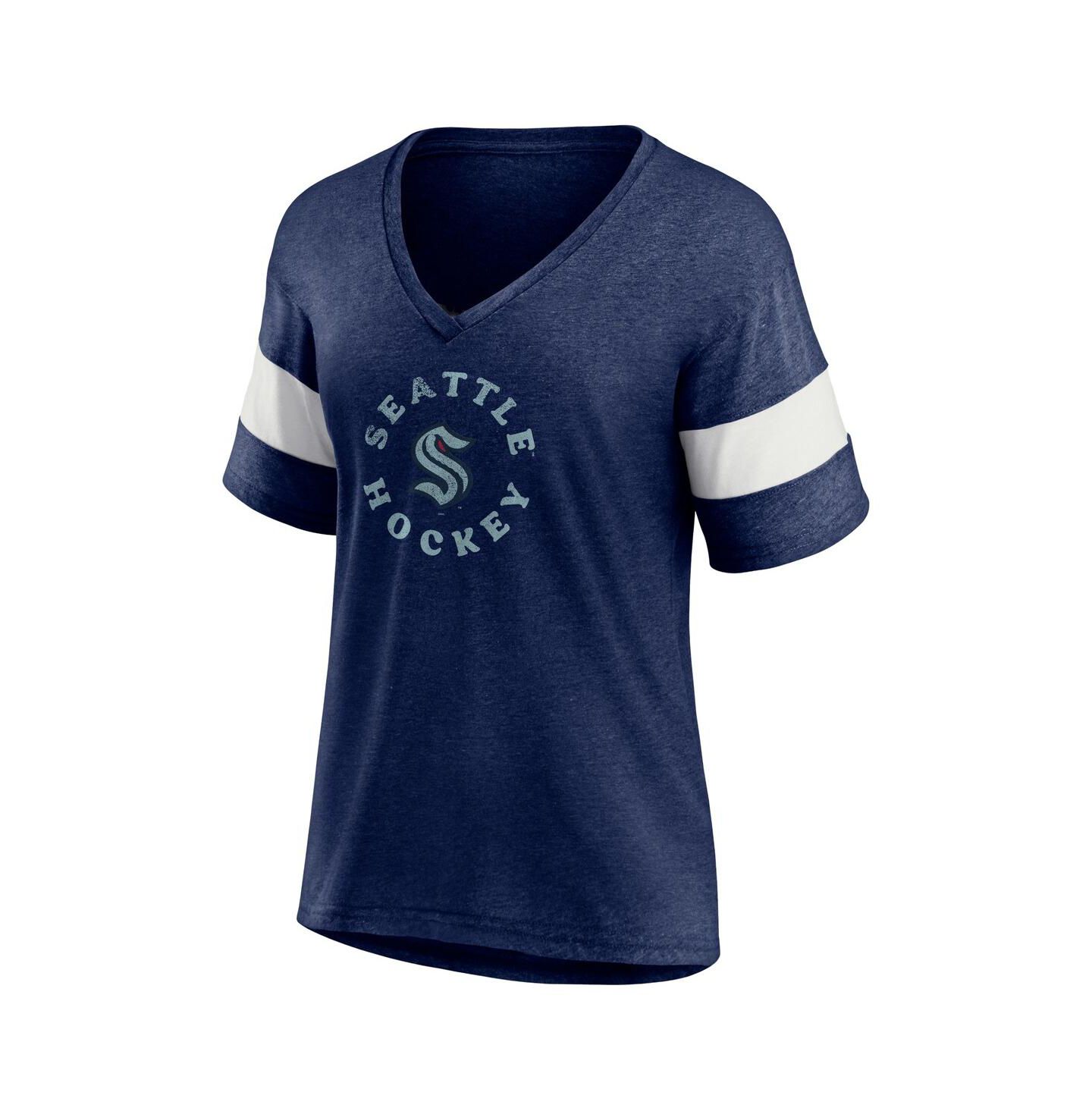 Женская футболка Fanatics Heather Navy Seattle Kraken Special Edition 2.0 Ring The Alarm V-Neck — фото 2