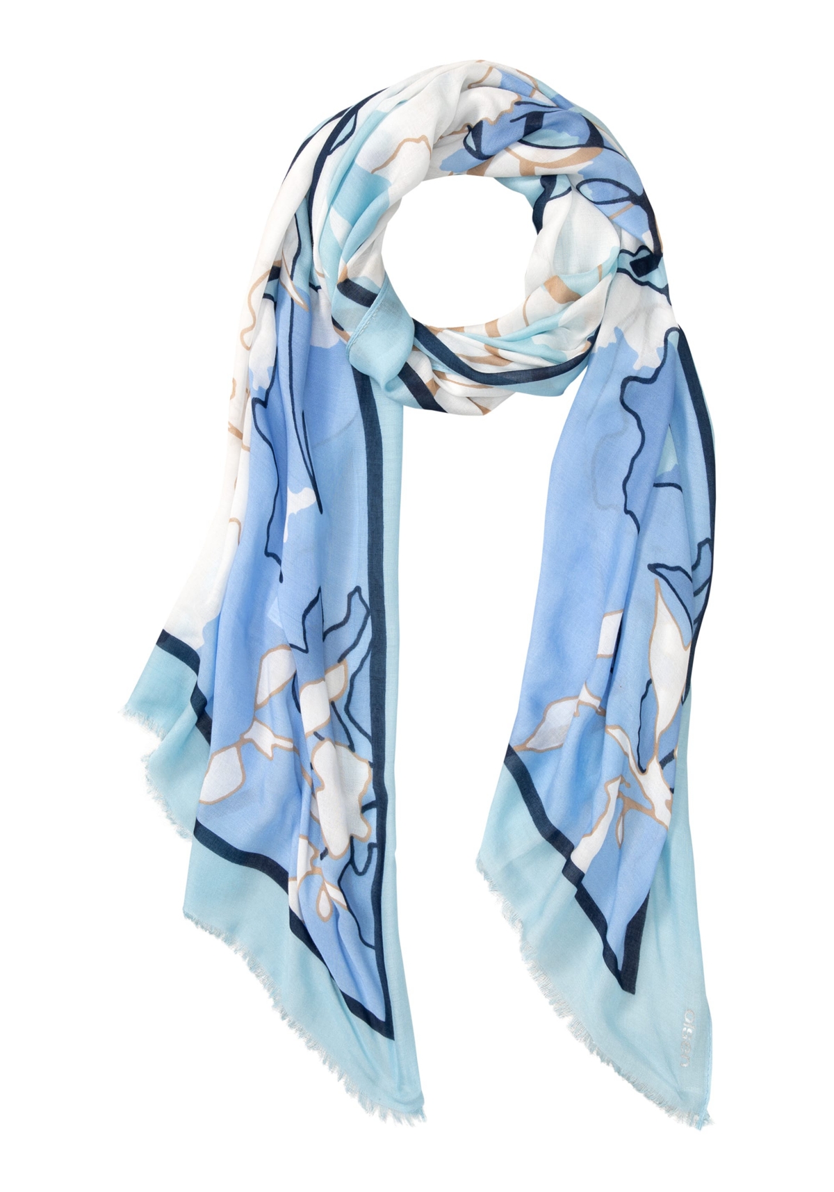 Abstract Print Scarf with Frayed Trim - Ciel blue
